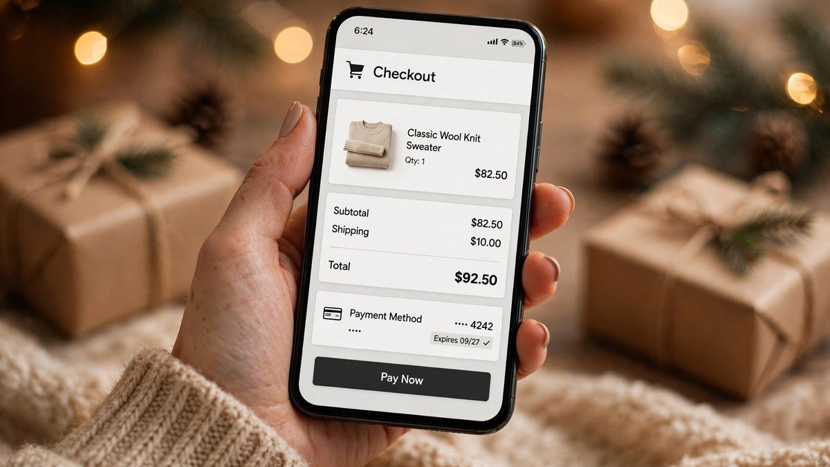 Phone showing a holiday online checkout page