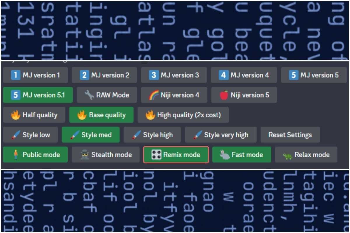 Midjourney settings menu