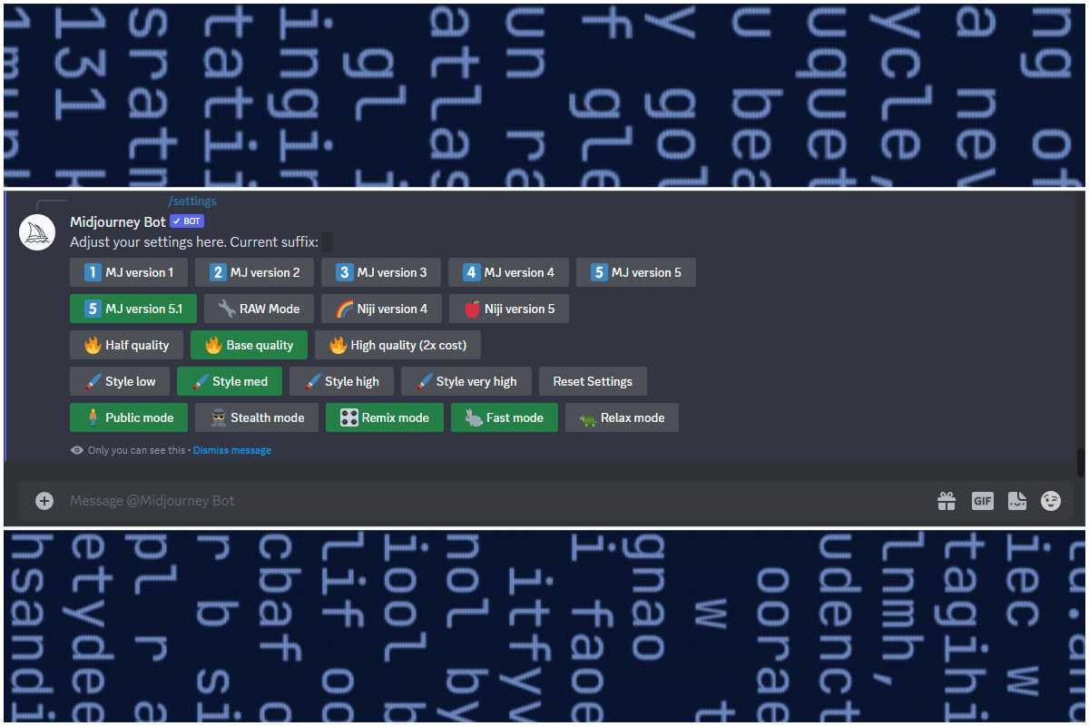 Midjourney settings popup window