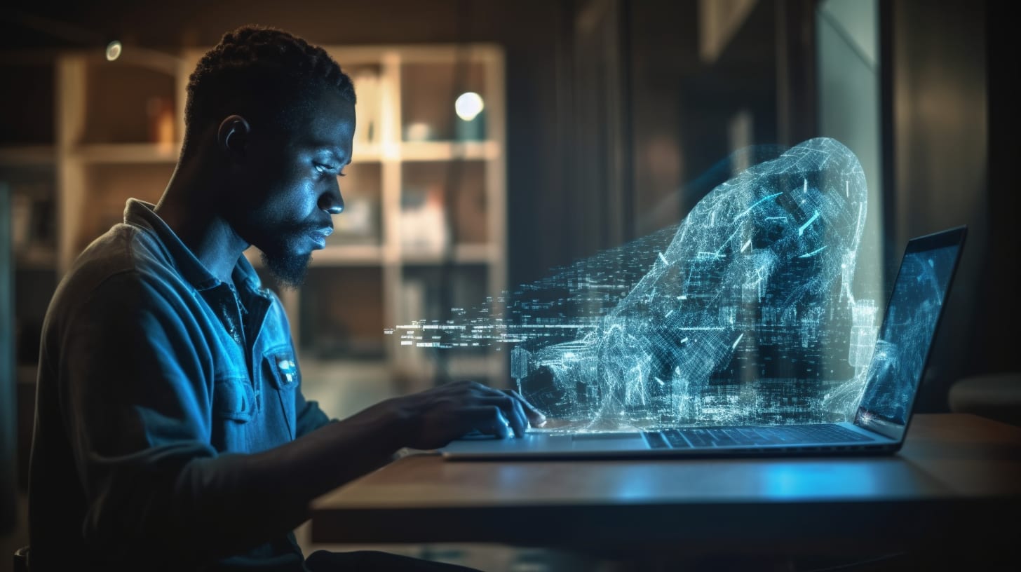 A person using a laptop to analyze unknown data with machine learning algorithms