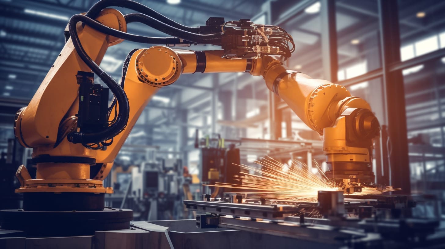 A robotic arm in a manufacturing plant using AI-based predictive maintenance to monitor equipment performance