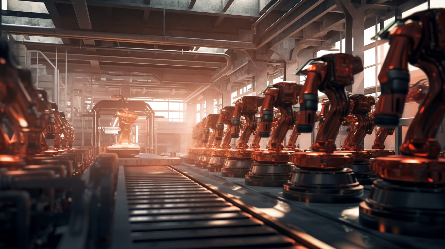 A robotic arm on a production line using robotic process automation to streamline manufacturing processes