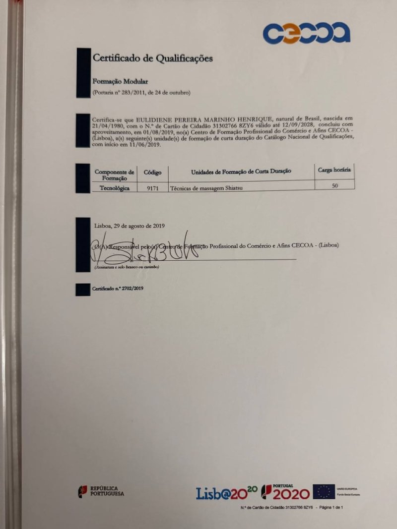 Diploma — Técnicas de Massagem Shiatsu (UFCD 9171)