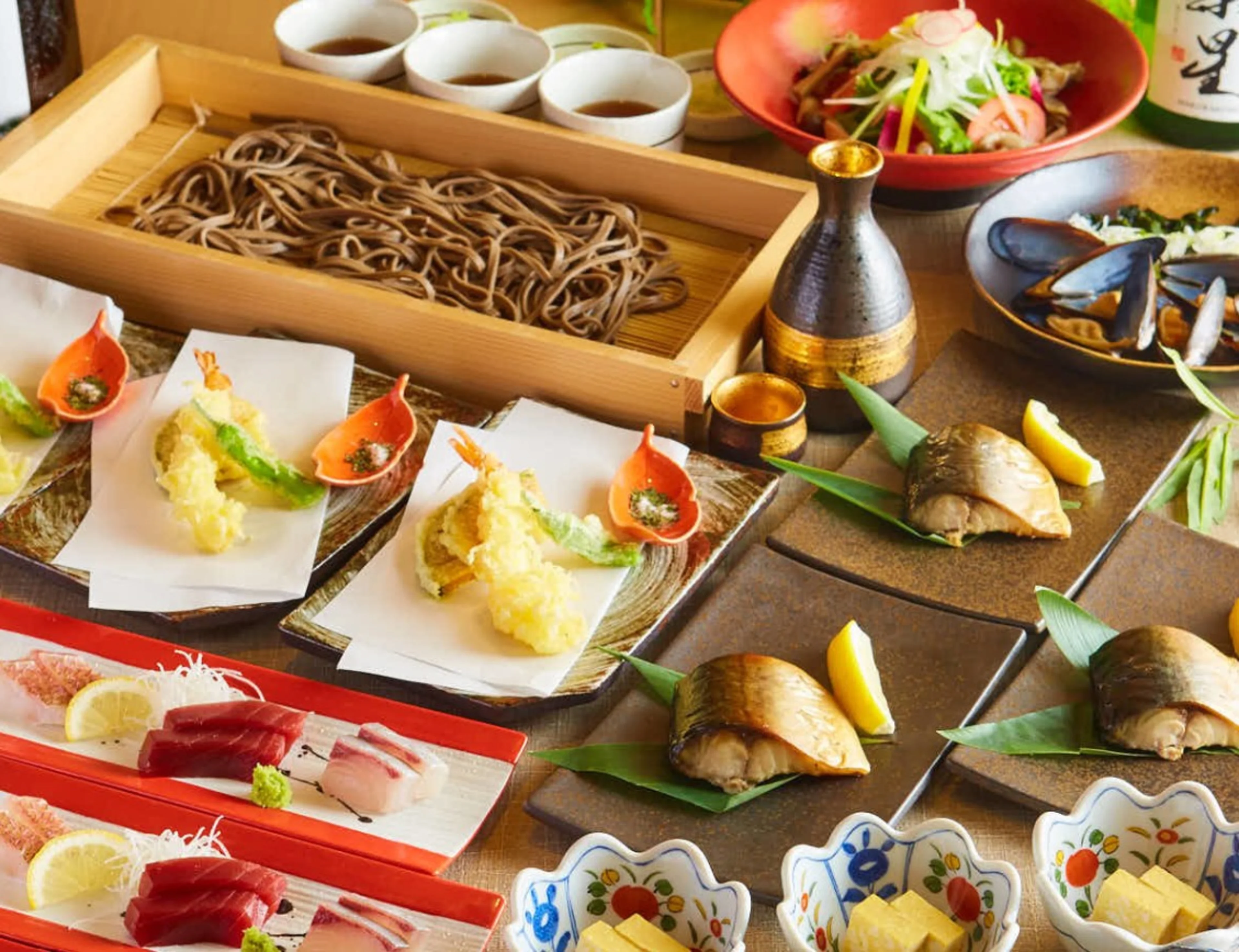 【最大40名×大人数のお祝いディナー】仙台市場直送の鮮魚刺し身盛りや焼き魚＆季節の天ぷらなど旬食材を堪能する全7品コース【六鮮】＋生ビール含む2時間飲み放題★JR仙台駅すぐ！モダンな和空間で主役をお祝い