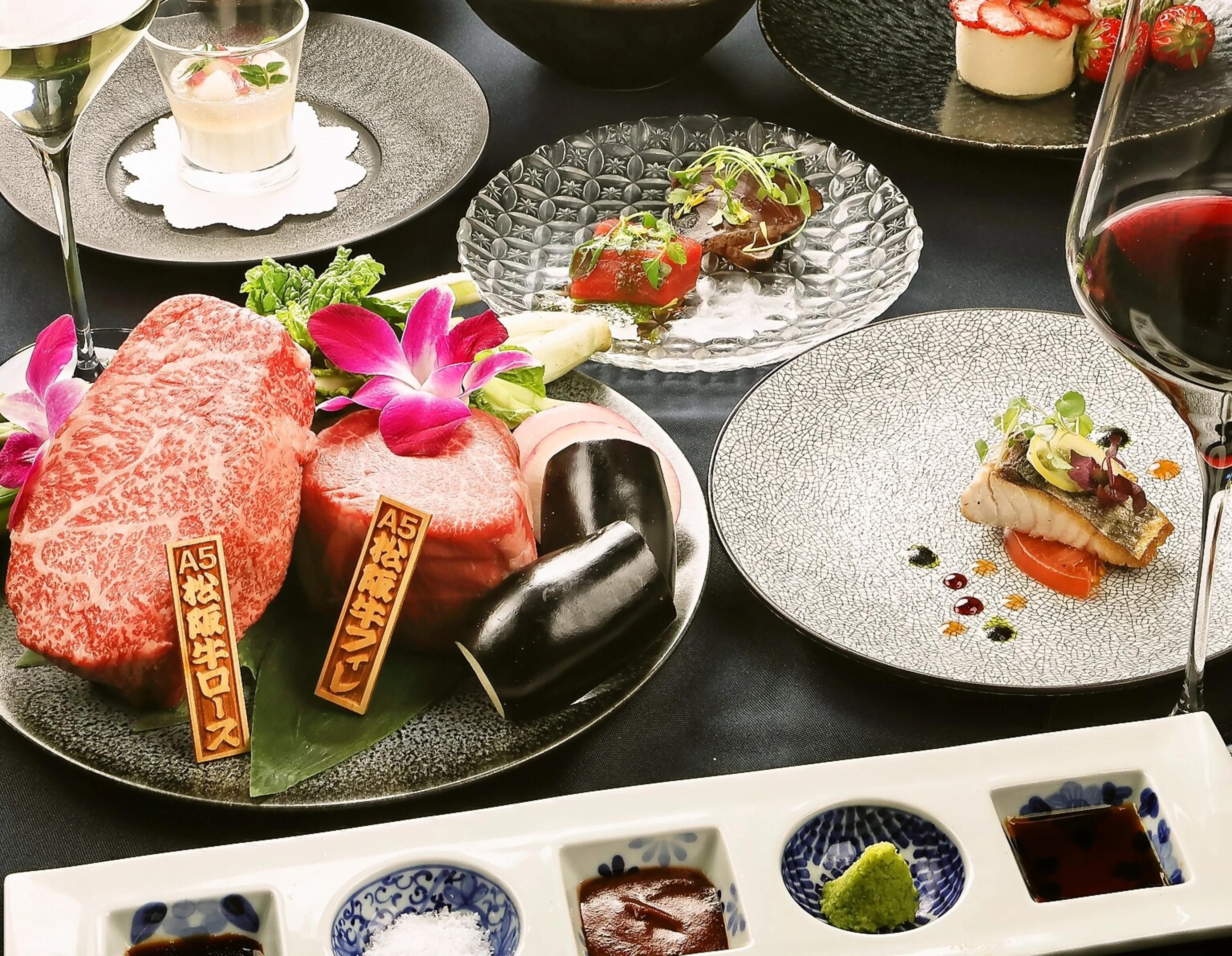 【個室確約★プロポーズ/アニバーサリーランチ】松阪牛ロース・フィレの食べ比べ、旬魚、トリュフなど含む全7品含む絢コース 全7品★乾杯ドリンク＋メッセージプレート付き★北新地の高層階レストランで絶品コースを堪能★