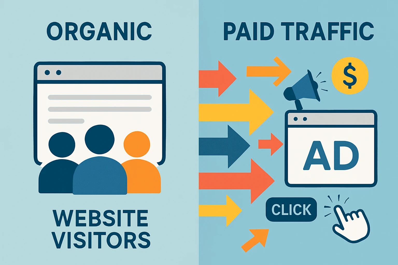 Comparação visual entre tráfego orgânico e tráfego pago em um infográfico educativo.