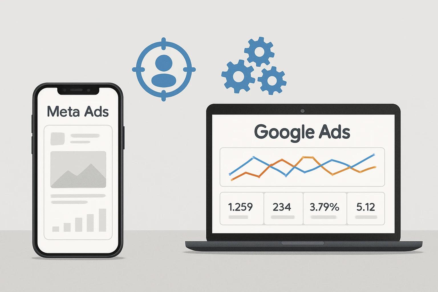 Comparação entre plataformas de anúncios: tela de Meta Ads e Google Ads lado a lado.
