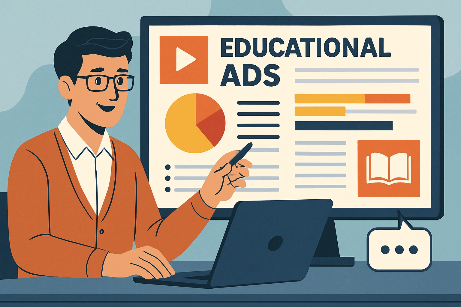 Educador elaborando campanhas educativas digitais com imagens atrativas.