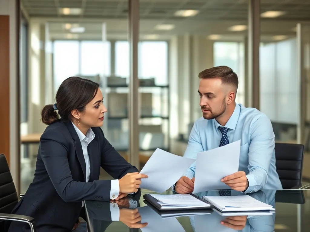 Advogado e consultor financeiro negociando reestruturação de dívidas com gerente bancário.