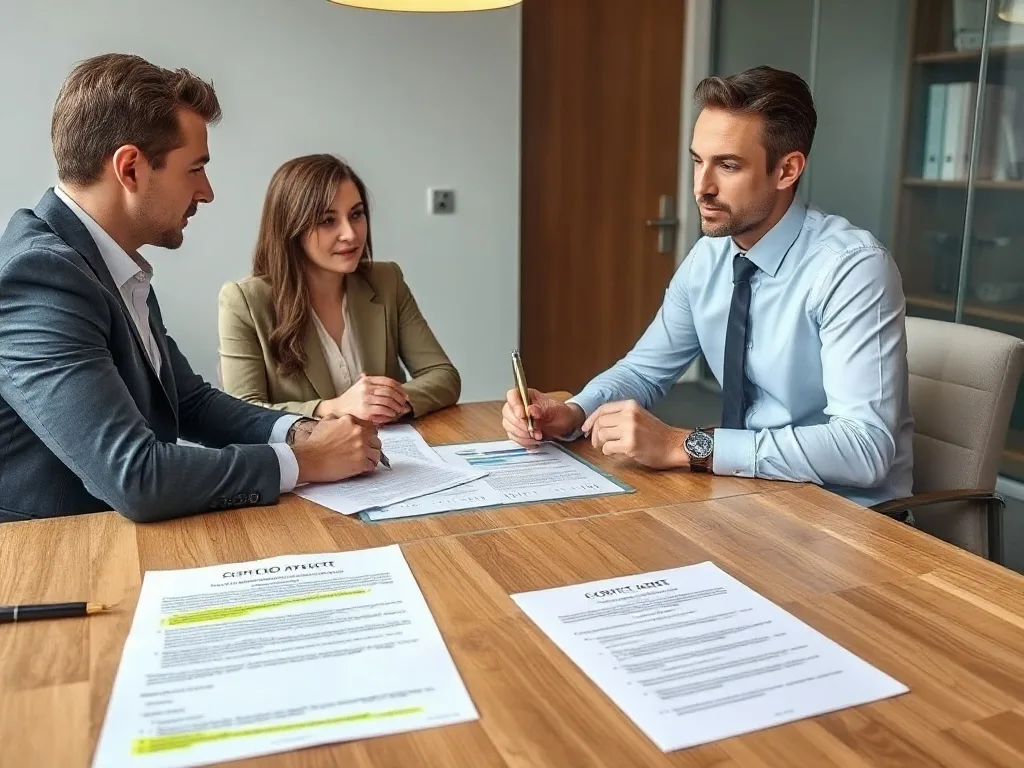 Conselheiro financeiro analisando cláusulas contratuais com empresários.