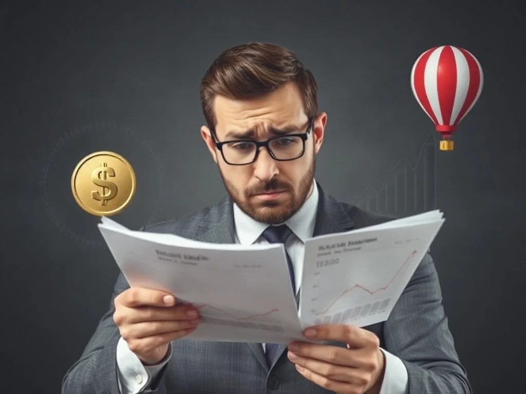Empresário preocupado analisando gráficos financeiros e contratos.