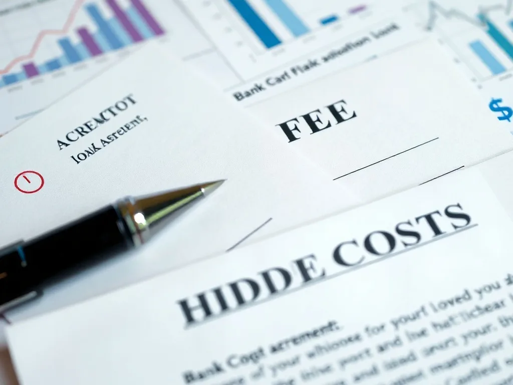 Detalhe de contratos bancários e gráficos ressaltando custos ocultos.