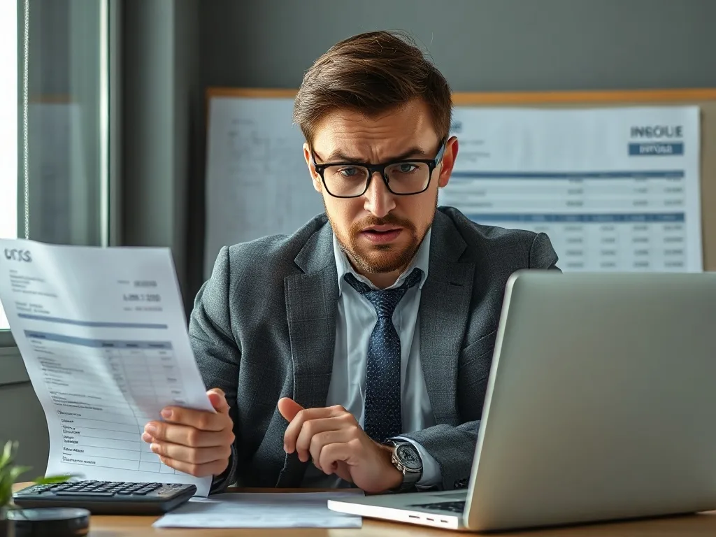 Gestor analisando extrato bancário com preocupação devido a custos inesperados.