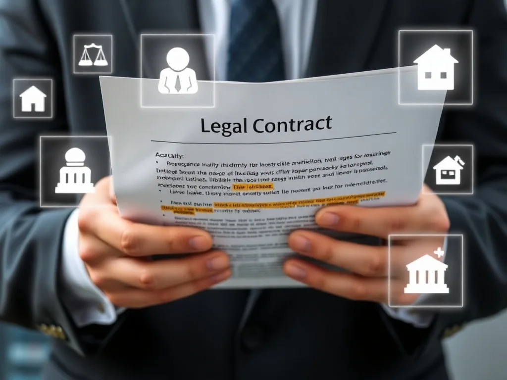 Mãos de empresário destacando cláusulas em contrato bancário.