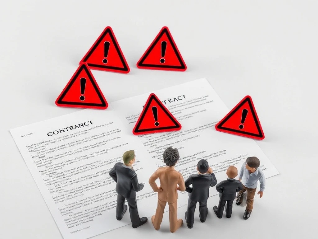 Símbolos de alerta sobre contratos bancários, indicando cláusulas de risco.