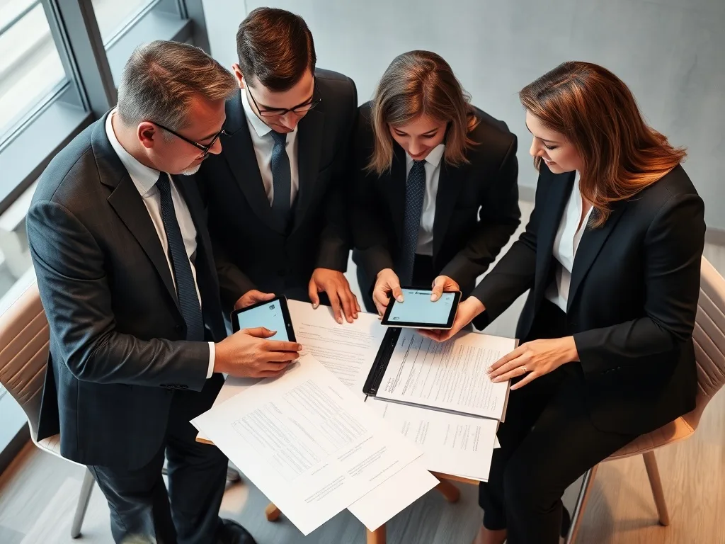 Diretores revisando contratos bancários com consultor jurídico ao lado