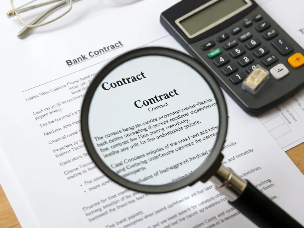 Lupa focando em contrato bancário detalhando taxas e condições escondidas.