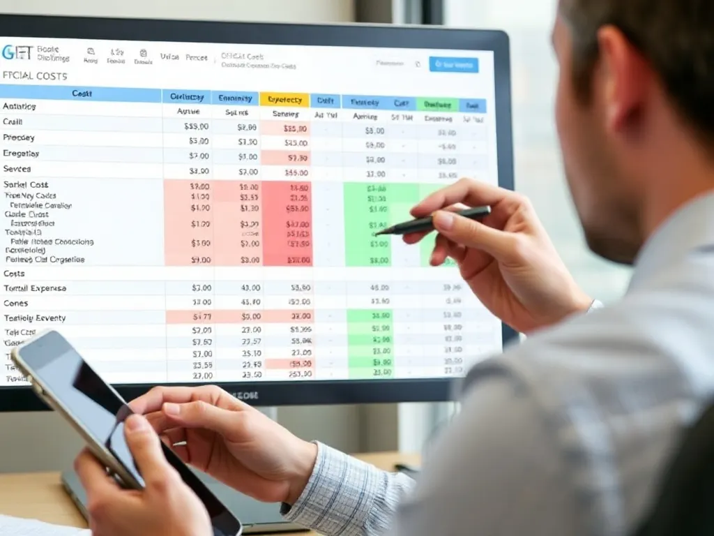 Gestor empresarial comparando planilhas de custos bancários com despesas reais.