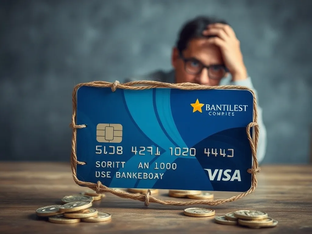 Armadilha financeira com cartão bancário e empresário preocupado.