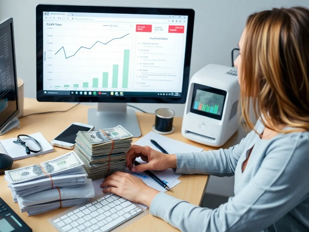 Empresária analisando projeções de fluxo de caixa no computador.