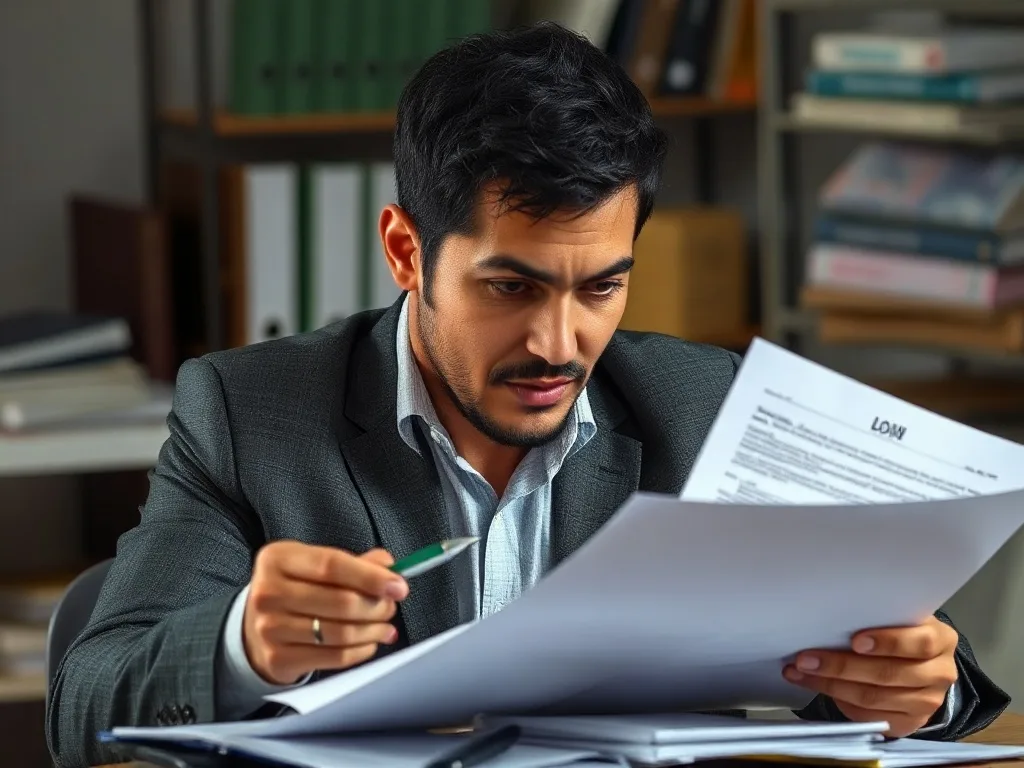 Empresário analisando contratos e documentos bancários.