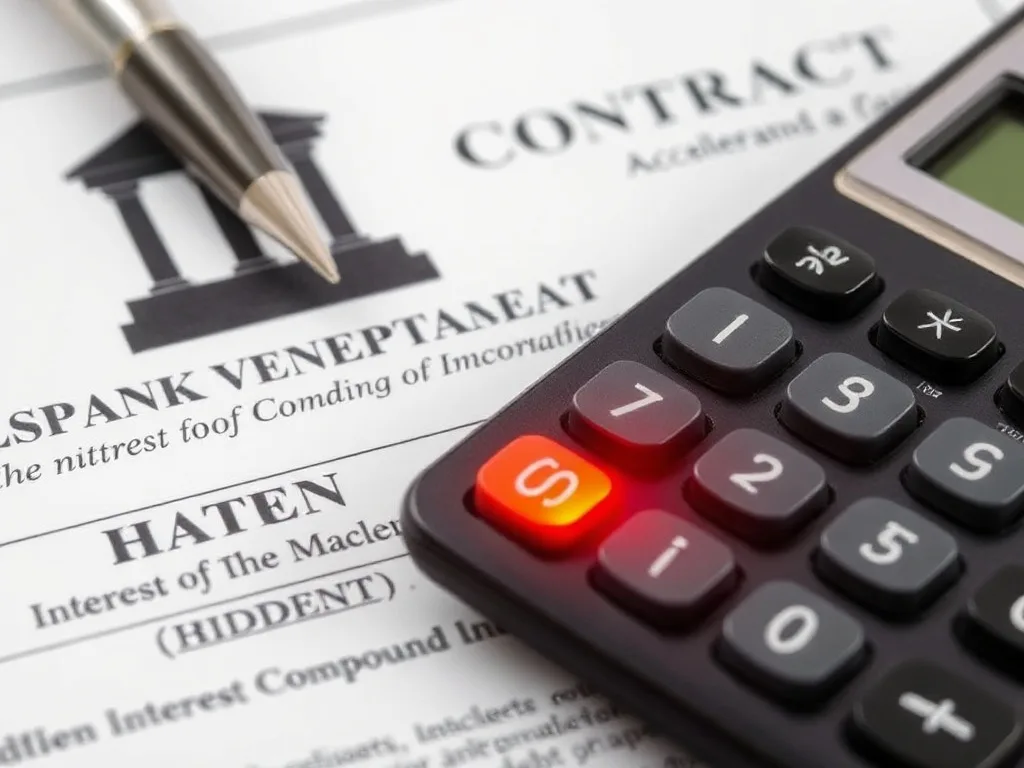 Contrato bancário com tarifas ocultas destacadas ao lado de uma calculadora