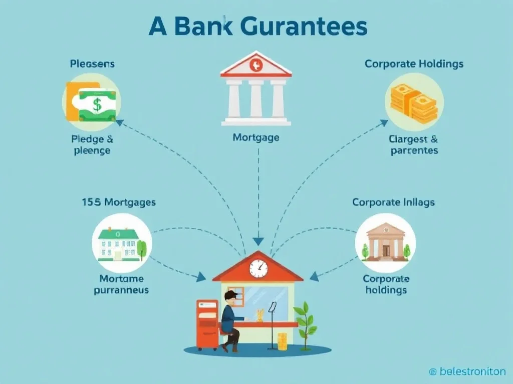 Ilustração de diferentes tipos de garantias bancárias ligados a operações empresariais.