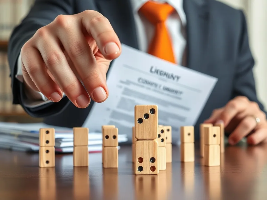 Empresário impedindo queda de dominós representando proteção jurídica do patrimônio.