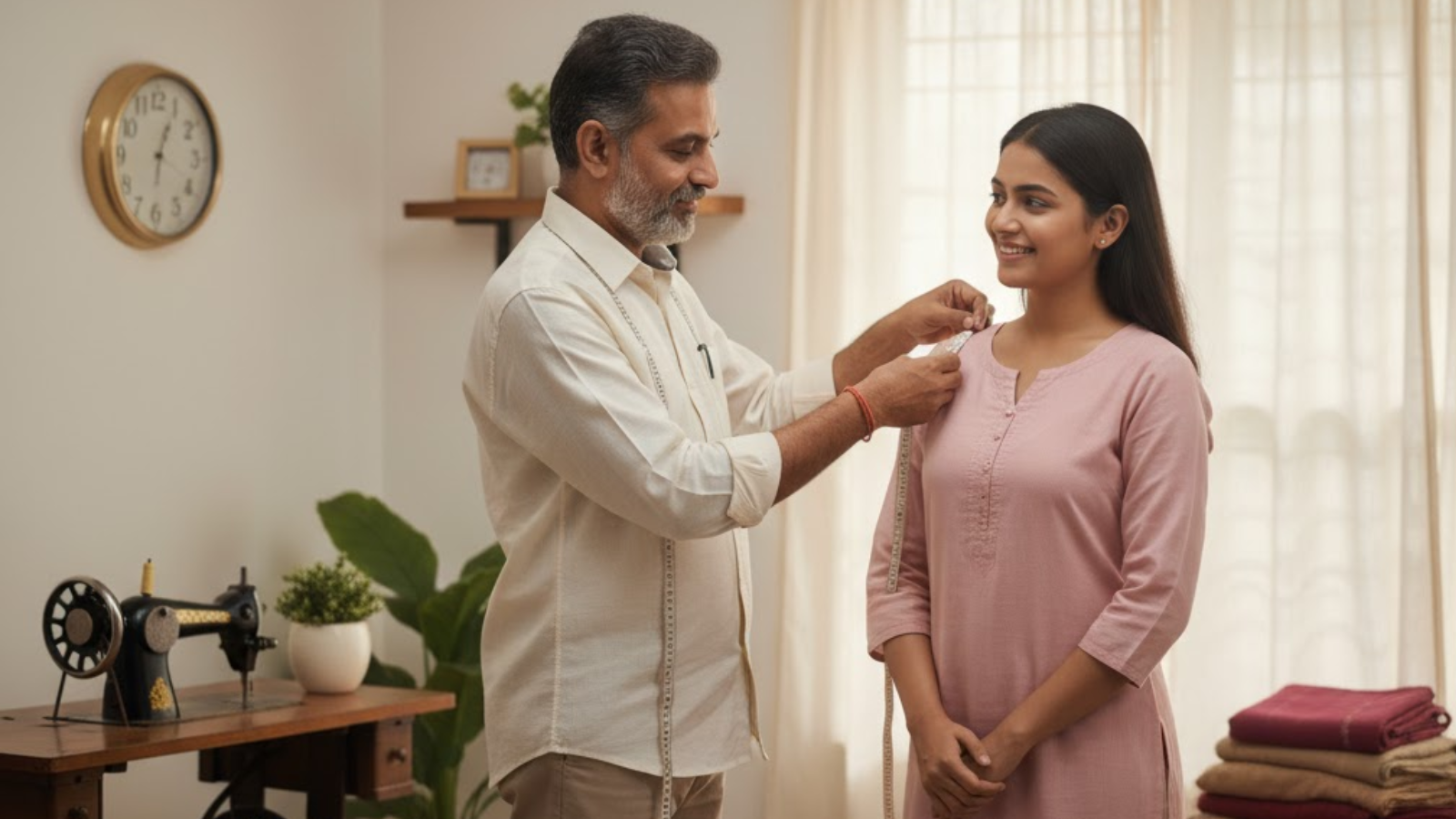 Doorstep ladies tailor in Delhi measuring a customer for a custom-fit outfit