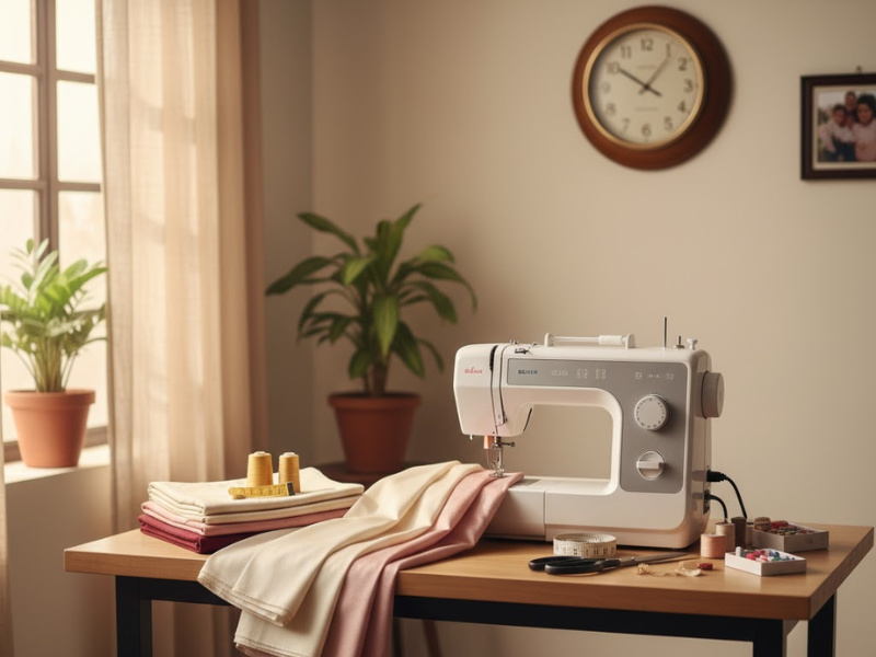 Expert ladies tailor in Delhi sewing setup with threads