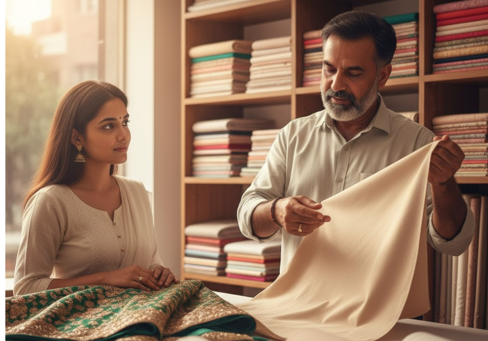 customer and tailor discussing fabric