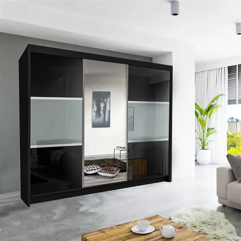 Manhattan II High Gloss Wardrobe 250cm Black - High Gloss Wardrobes