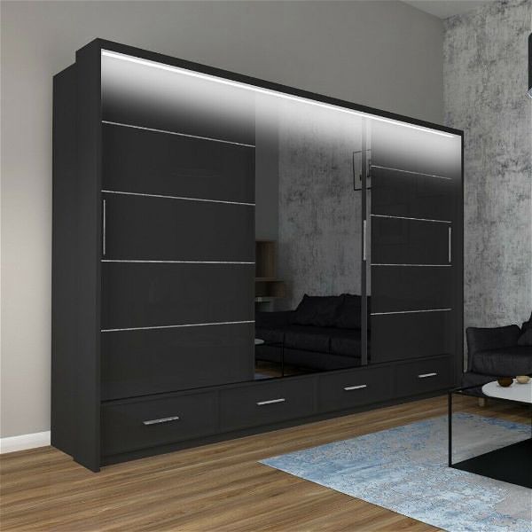Sycylia II High Gloss Wardrobe 255cm Black - High Gloss Wardrobes