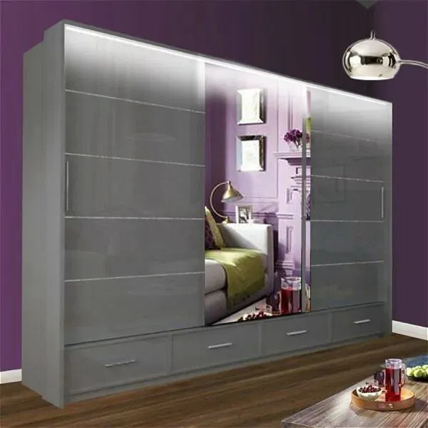 Sycylia II High Gloss Wardrobe 255cm  Grey - High Gloss Wardrobes