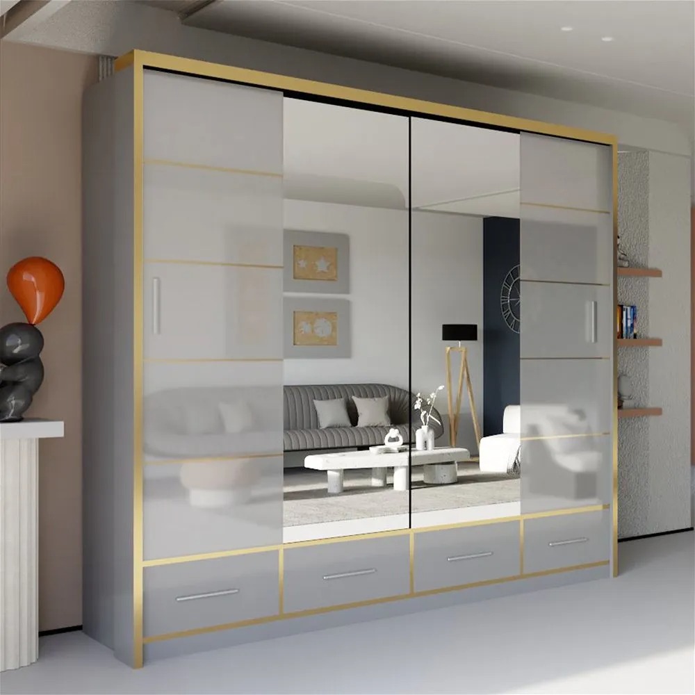 Sydney II High Gloss Wardrobe Grey & Gold 203cm - High Gloss Wardrobes