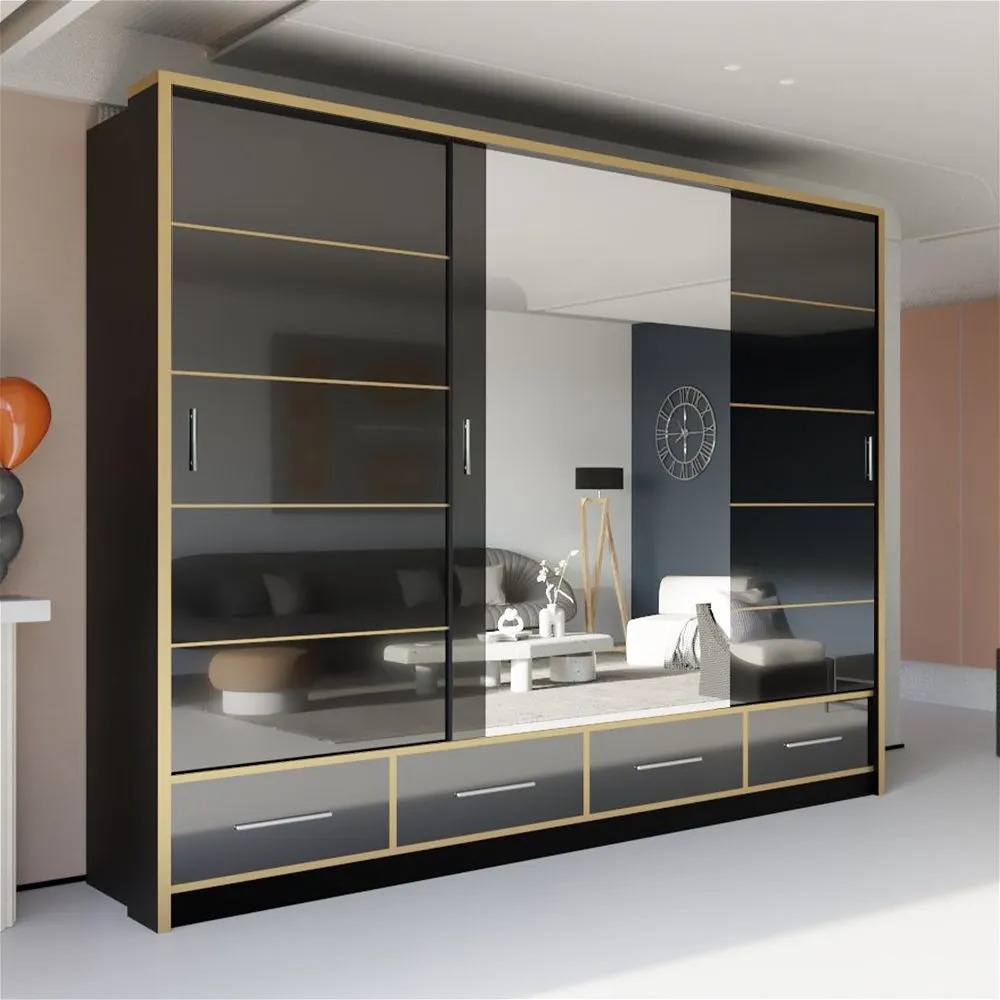 Sydney II High Gloss Wardrobe 250cm Black & Gold - High Gloss Wardrobes