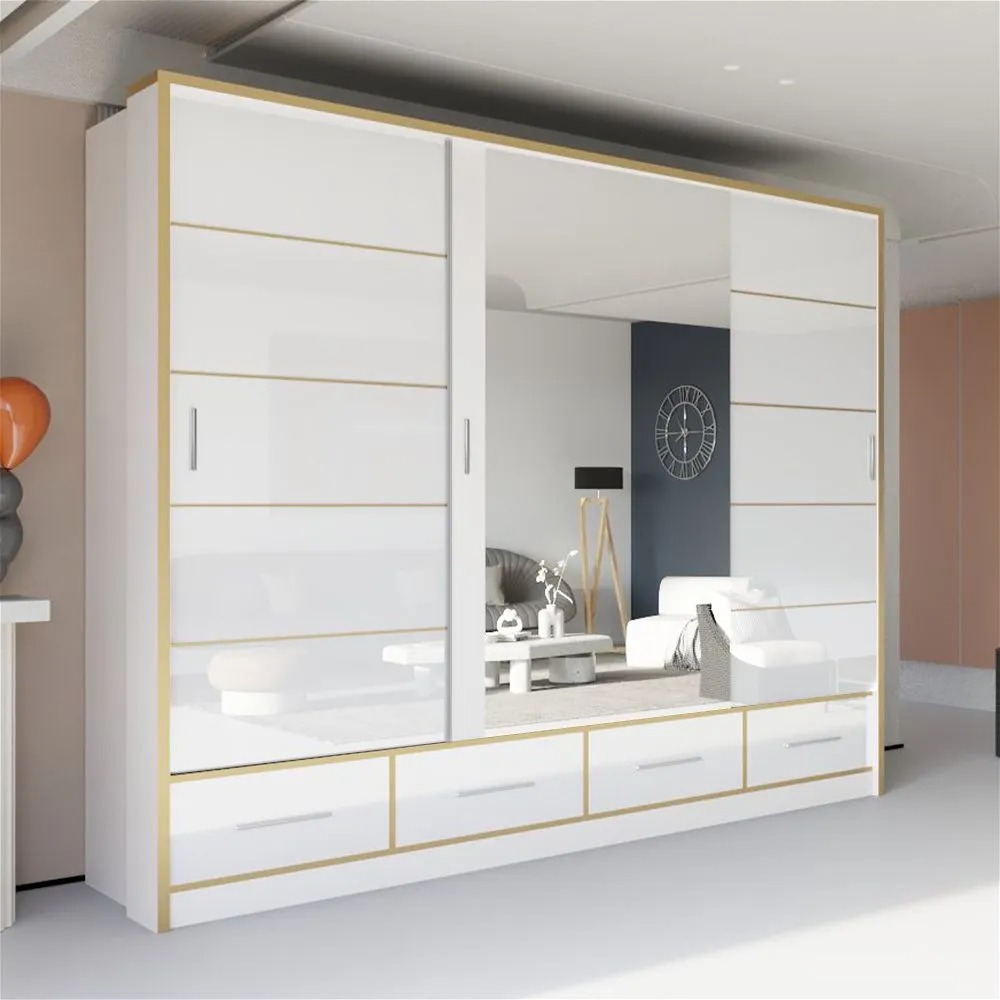 Sydney II High Gloss Wardrobe 250cm White & Gold - High Gloss Wardrobes