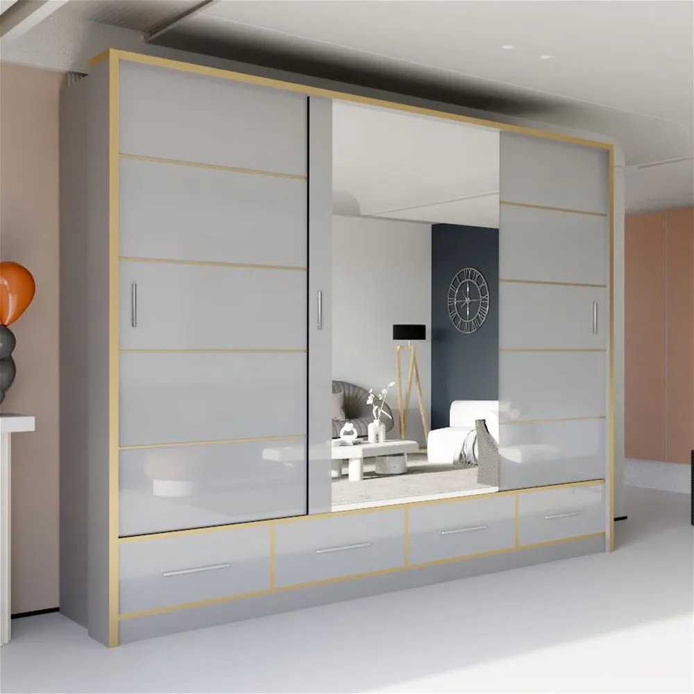 Sydney II High Gloss Wardrobe 250cm Grey & Gold - High Gloss Wardrobes