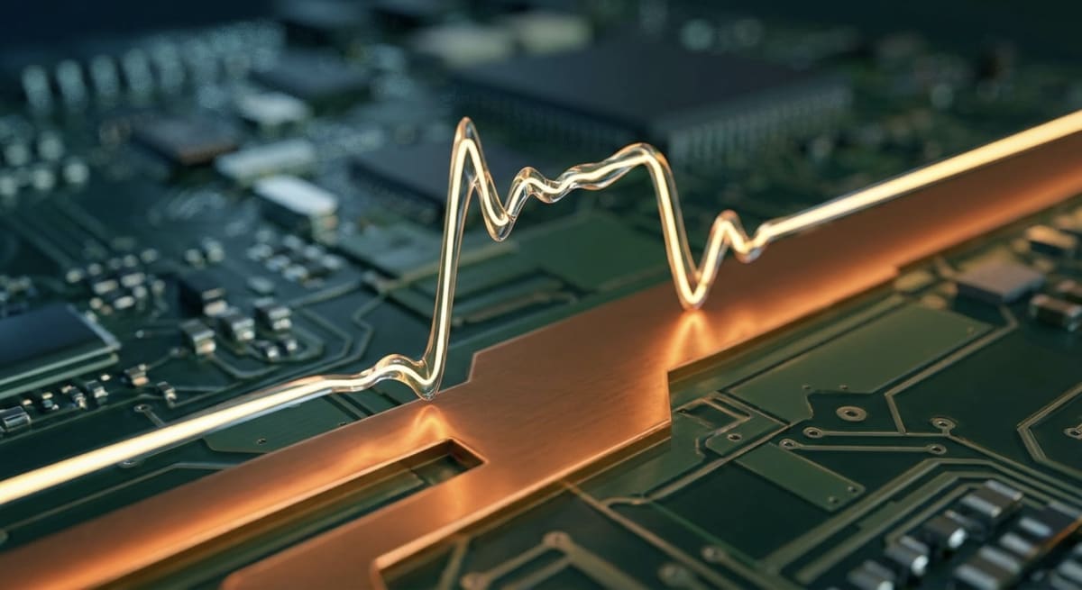 Close-up of a high-speed signal on a PCB copper trace visualizing signal integrity problems and reflections due to impedance mismatch.