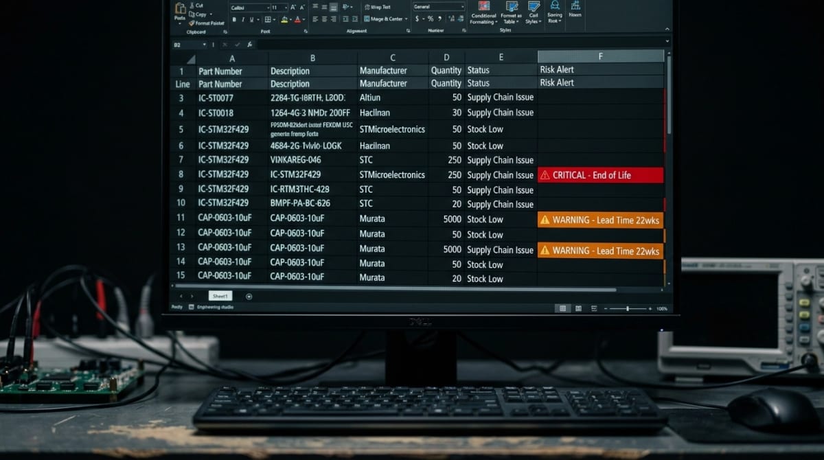A computer monitor in an engineering lab displaying a supply chain management spreadsheet. Several rows are flagged with red "CRITICAL - End of Life" and orange "WARNING - Lead Time 22wks" alerts. An oscilloscope is visible in the background. PCB design Consiltant
