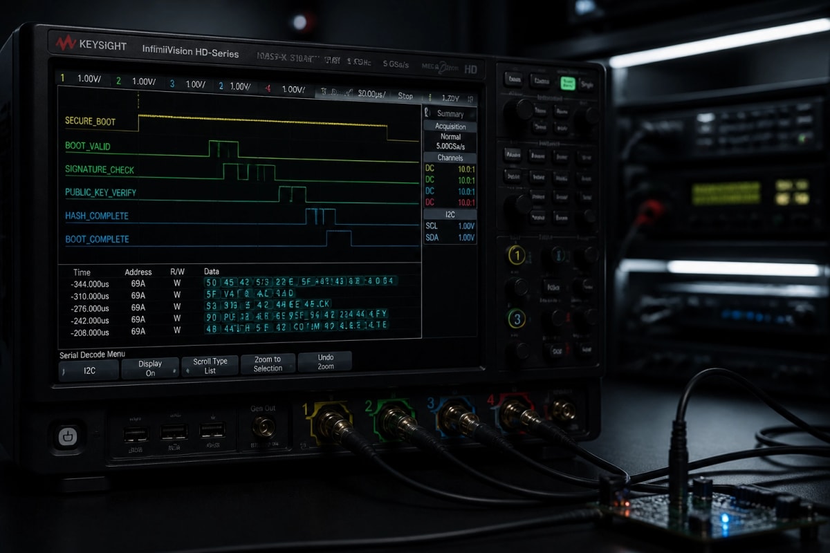 Oscilloscope visualization of a cryptographically signed secure boot pulse sequence, ensuring only authorized firmware is executed.