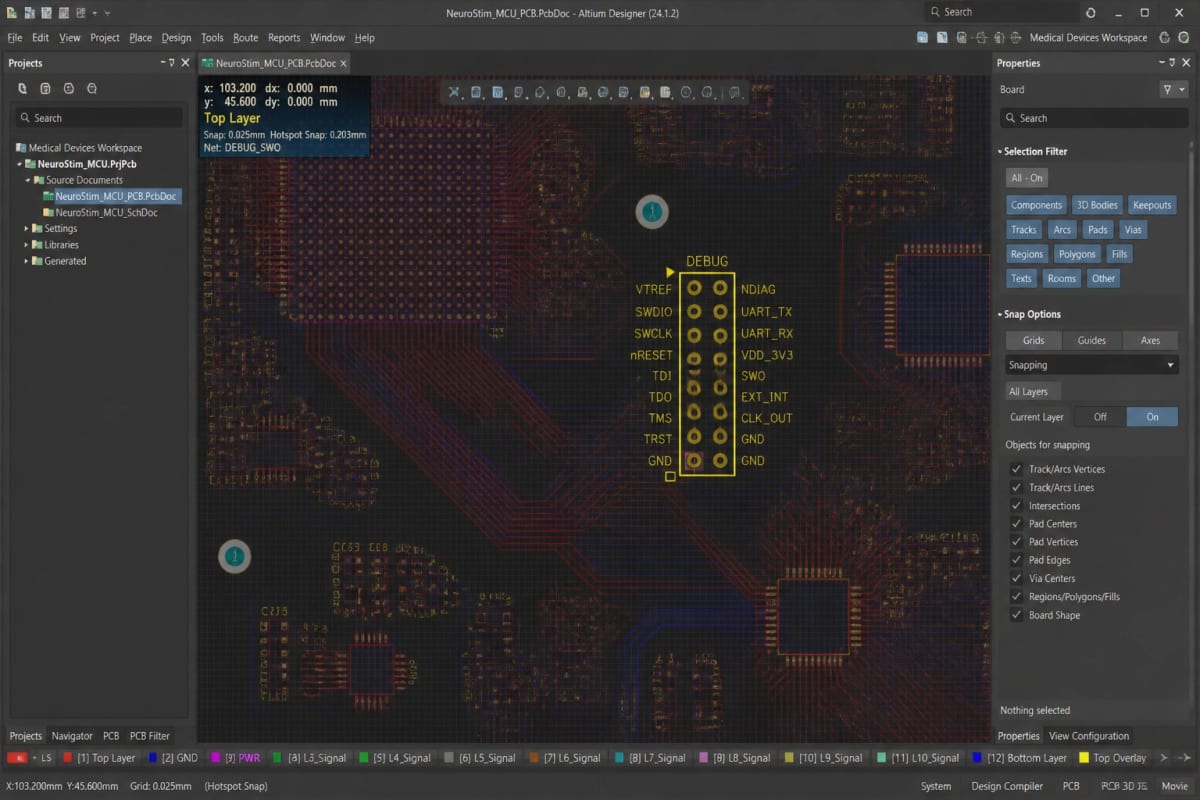 A professional 12-layer medical PCB layout in Altium Designer showing obfuscated routing patterns and hidden debug vias to prevent unauthorized physical access.