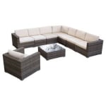 Moroni 9 Piece Seating Group Wicker Sectional Patio Set in Brown with Beige Cushions