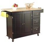 Kitchen Cart with Wood Top with Spice Rack, Paper Towel Rack, Drawers in Black