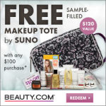 Beauty.com : GET A FREE Sample-filled Makeup Tote from SUNO with any $100 Beauty.com purchase ($120 Value)