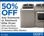 Get 50% off any Kenmore or Kenmore Elite Dryer with Purchase of any Kenmore & Kenmore Elite Washer at Sears