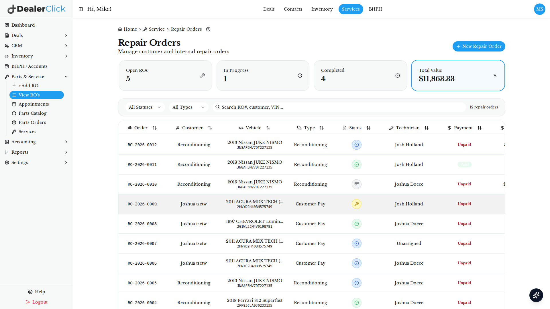 DealerClick service dashboard showing summary cards for open repair orders, work in progress, completed jobs, and today's appointments.