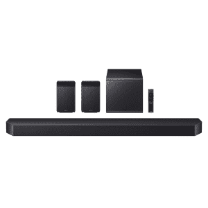 Samsung Q-series HW-Q990F 11.1.4-Channel Soundbar w/ Subwoofer & Rear Speaker: $1,280 Samsung Q-series HW-Q990F 11.1.4-Channel Soundbar w/ Subwoofer & Rear Speaker: $1,280