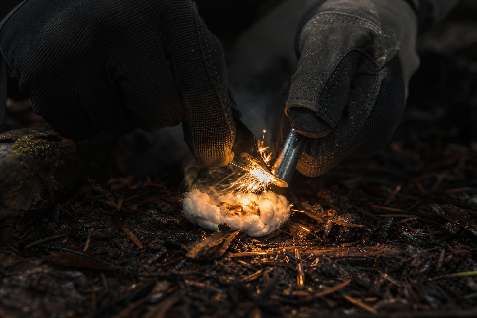 full size ferro rod throwing sparks into prepared tinder with sharp striker