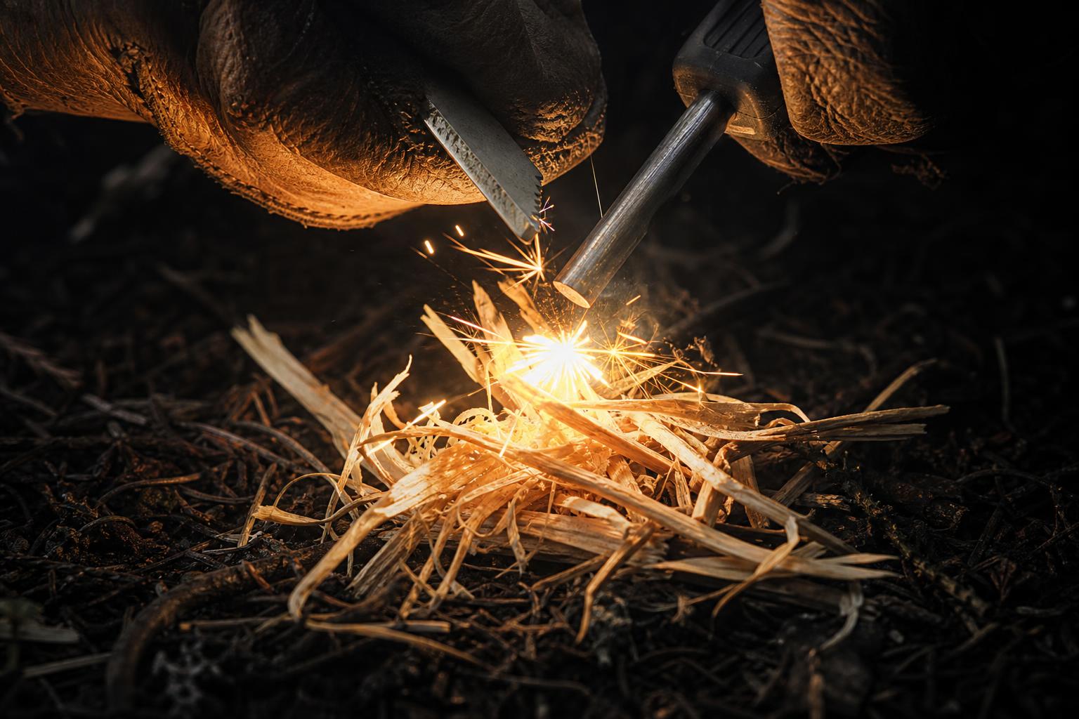 ferro rod scraping sparks into dry tinder bundle